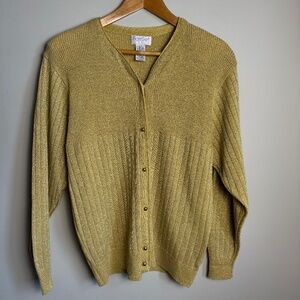 Fairset‎ Petite Vintage Golden Metallic Ribbed Button Up V-Neck Sweater Size LP